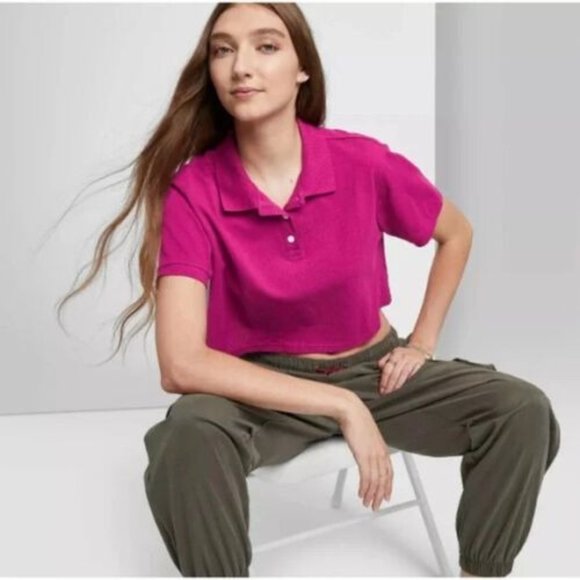 Womens Short Sleeve Boxy Cropped Polo T Shirt Wild Fable Magenta M - Picture 4 of 8
